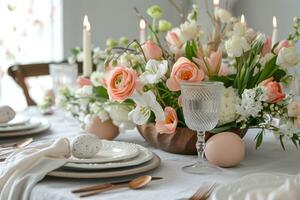 AI generated Elegant Easter Table Setting with Fresh Florals and Seasonal Centerpiece photo