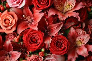 ai generado ramos de flores de rojo rosas, delicado lirios, y aromático pétalos foto