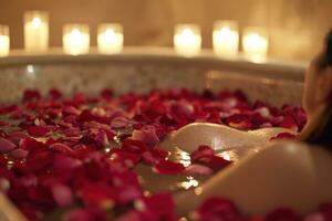 AI generated Rose-petal-filled Tub, Candles, and Aromatic Essential Oils photo