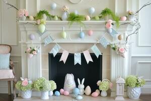 AI generated Pastel Bunny Banners and Egg Accents Adorn Festive Fireplace Display photo