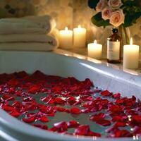 AI generated Rose-petal-filled Tub, Candles, and Aromatic Essential Oils photo
