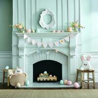 AI generated Pastel Bunny Banners and Egg Accents Adorn Festive Fireplace Display photo