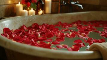 AI generated Rose-petal-filled Tub, Candles, and Aromatic Essential Oils photo