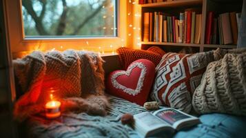AI generated Plush Throws, Heart-shaped Cushions, and Love-themed Books photo