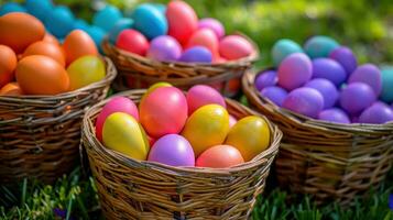 AI generated Baskets Filled with Colorful Eggs Galore photo