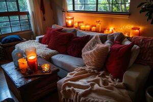 AI generated Cozy Blankets, Red Pillows, and Candlelight Glow photo