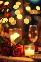 AI generated Candlelit Dinner with Roses, Hearts, and Soft Textures photo