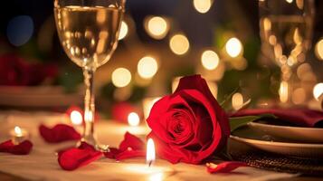 ai generado alumbrado por velas cena con rosas, corazones, y suave texturas foto