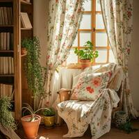 ai generado un acogedor leyendo rincón bañado en natural luz de sol, presentando inspirado en la primavera decoración tal como estampado floral foto