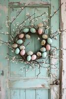 AI generated Rustic Easter Egg Wreath Hanging on Vintage Distressed Wooden Door photo