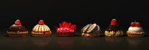 AI generated six different pastries are lined up against a black background photo