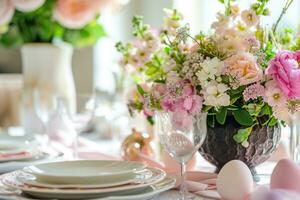 AI generated Floral Centerpiece and Egg Ornaments on Dining Table photo