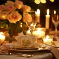 AI generated Candlelit Dinner with Roses, Hearts, and Soft Textures photo