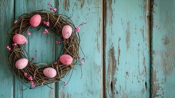 AI generated Rustic Easter Egg Wreath Hanging on Vintage Distressed Wooden Door photo