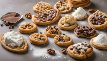 AI generated chocolate chip cookies with cream and nuts photo