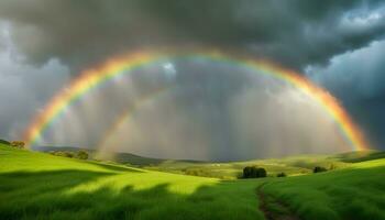 AI generated a rainbow is seen over a green field photo