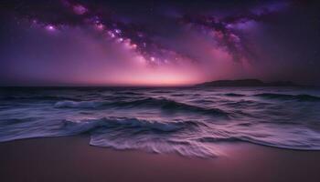 AI generated a purple sky over the ocean with waves photo