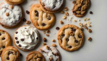 AI generated chocolate chip cookies with cream and nuts photo