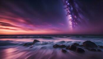 ai generado un largo exposición fotografía de el lechoso camino terminado el Oceano foto