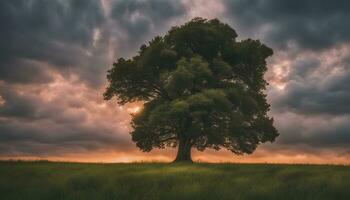 ai generado un solitario árbol soportes en un campo debajo un dramático cielo foto