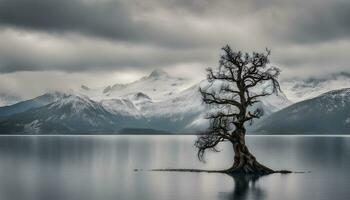 AI generated a lone tree stands in the middle of a lake photo