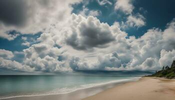 ai generado un playa con un nublado cielo y Oceano foto