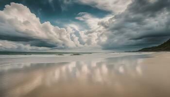 ai generado un playa debajo un nublado cielo con olas y nubes foto