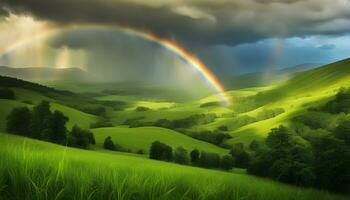 AI generated a rainbow is shining over a green field photo
