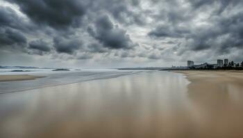 AI generated a beach under stormy skies with a city in the background photo