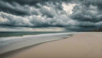 AI generated a beach under stormy skies with waves and buildings photo