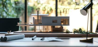 AI generated a set of house plans on a table with a model on the table photo