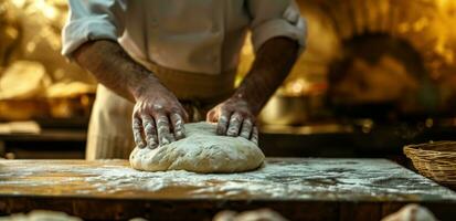 AI generated chef kneading dough on wooden countertop photo