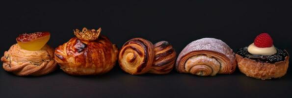 AI generated six different pastries are lined up against a black background photo