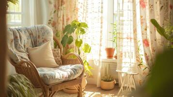 ai generado un acogedor leyendo rincón bañado en natural luz de sol, presentando inspirado en la primavera decoración tal como estampado floral foto