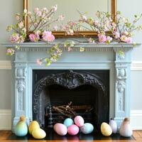 AI generated Colorful Eggs and Spring Florals Frame Fireplace photo