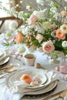 AI generated Elegant Easter Table Setting with Fresh Florals and Seasonal Centerpiece photo