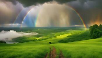 ai generado arco iris terminado el verde colinas foto