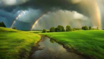 AI generated rainbow over the green grassy field with a stream photo