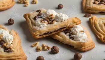 AI generated chocolate chip cookies with whipped cream and walnuts photo