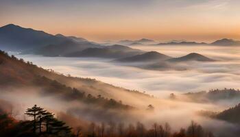 ai generado un hermosa amanecer terminado el montañas y niebla foto