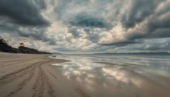 AI generated a beach under a cloudy sky with sand and water photo