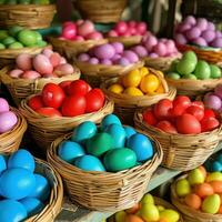 AI generated Baskets Filled with Colorful Eggs Galore photo