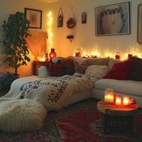 AI generated Cozy Blankets, Red Pillows, and Candlelight Glow photo