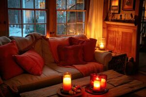 AI generated Cozy Blankets, Red Pillows, and Candlelight Glow photo