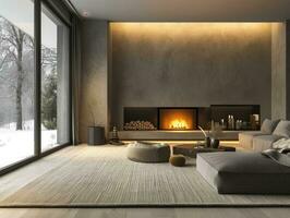 AI generated modern interior flat and living room with fireplace photo