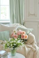 AI generated A beautifully decorated living room, adorned with pastel-colored cushions, throws photo