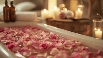 AI generated Rose-petal-filled Tub, Candles, and Aromatic Essential Oils photo