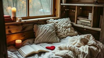 AI generated Plush Throws, Heart-shaped Cushions, and Love-themed Books photo