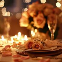 AI generated Candlelit Dinner with Roses, Hearts, and Soft Textures photo