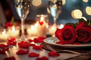 AI generated Candlelit Dinner with Roses, Hearts, and Soft Textures photo